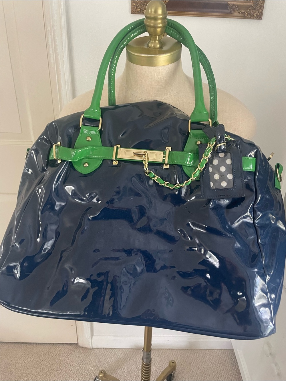 Steve Madden Navy Patent Tote with Green Trim